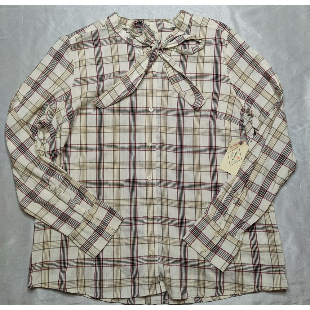 St Johns Bay Women Large Tie-Neck Beige Windowpain Plaid Button Shirt NEW